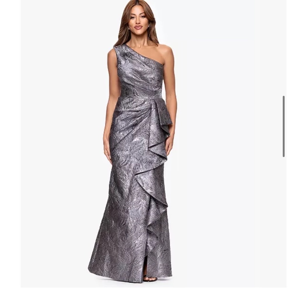 NWT Xscape Metallic Jacquard One Shoulder Gown with Ruffle Detail and High Slit